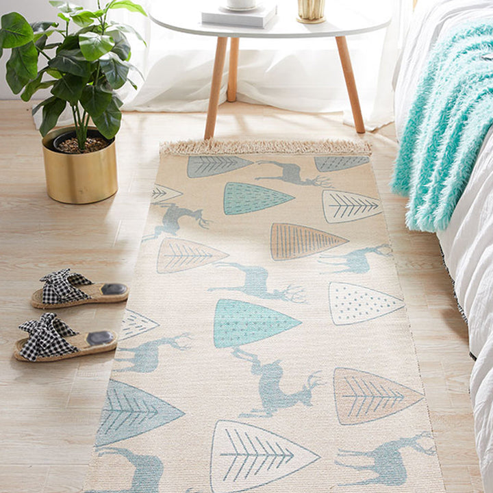 Lisslune | Unique Kids Rug in Ivory Animal Deer Tree Pattern Rug Cotton and Linen Washable Fringe Carpet for Children's Room