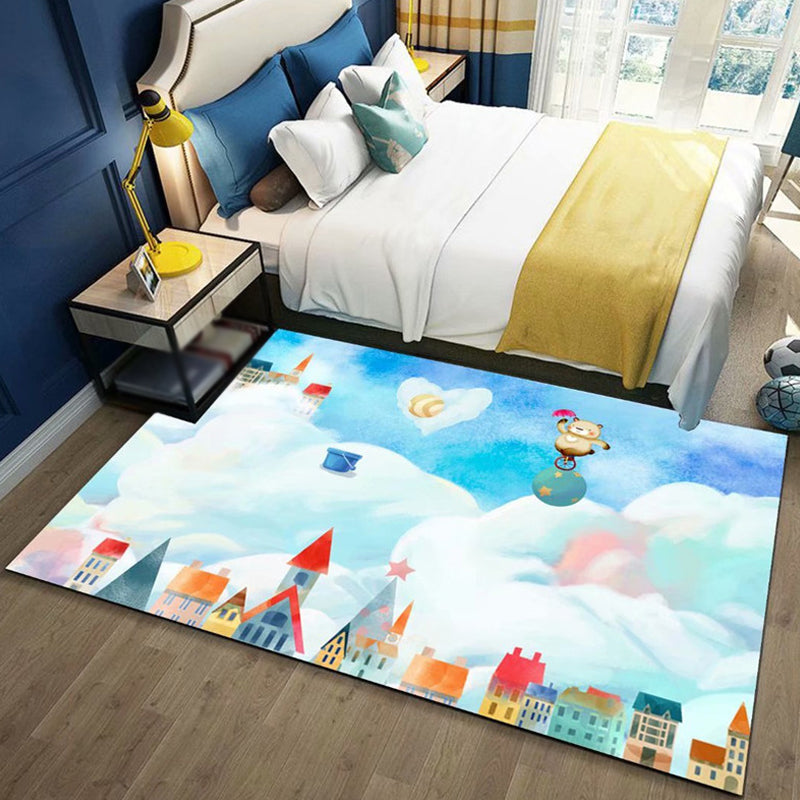 Lisslune | Beautiful Children's Rug in Blue and Pink with Fairy Tale Castle Balloon Pattern Rug Polyester Washable Rug for the Children's Room