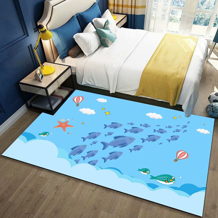 Lisslune | Beautiful Children's Rug in Blue and Pink with Fairy Tale Castle Balloon Pattern Rug Polyester Washable Rug for the Children's Room
