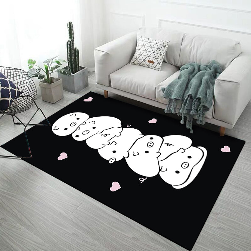 Lisslune | Kids' Room Rug in Black and Pink with Animal Motif - Chicken, Unicorn, Pig - Polyester Non-Slip Rug