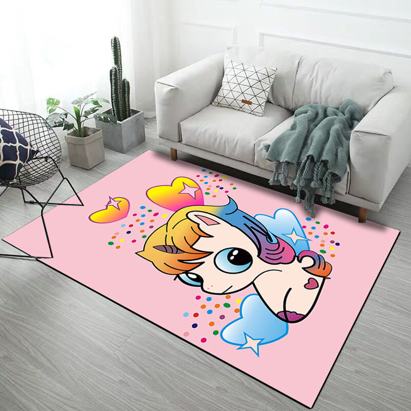 Lisslune | Kids' Room Rug in Black and Pink with Animal Motif - Chicken, Unicorn, Pig - Polyester Non-Slip Rug