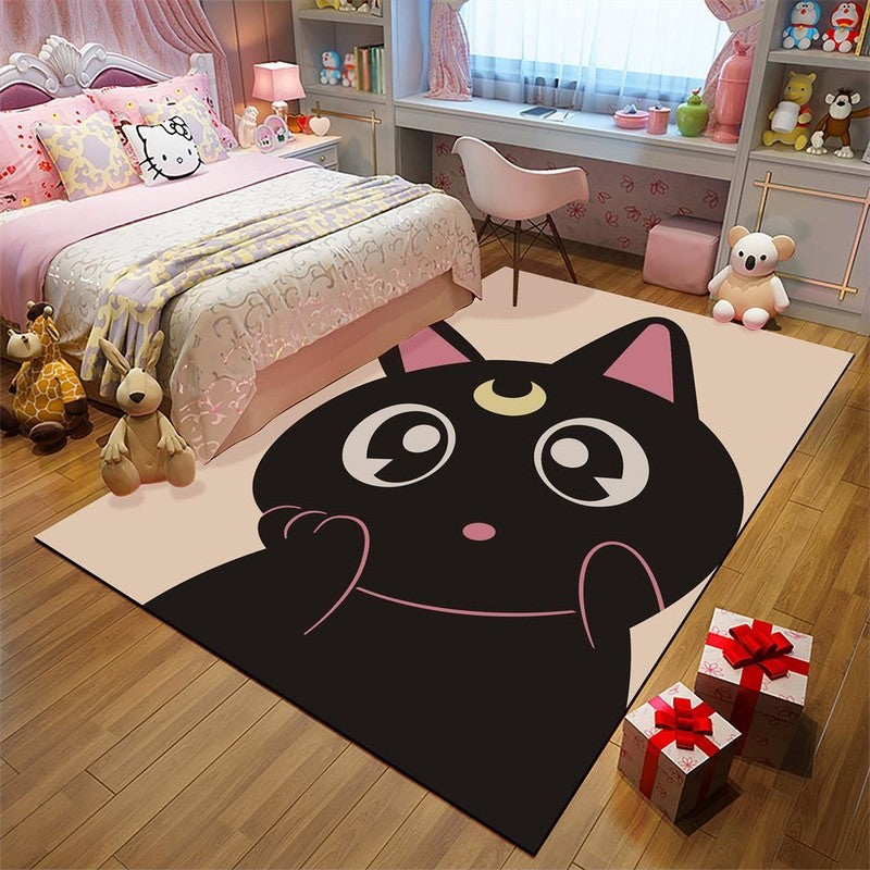 Lisslune | Kids' Room Rug in Black and Pink with Animal Motif - Chicken, Unicorn, Pig - Polyester Non-Slip Rug