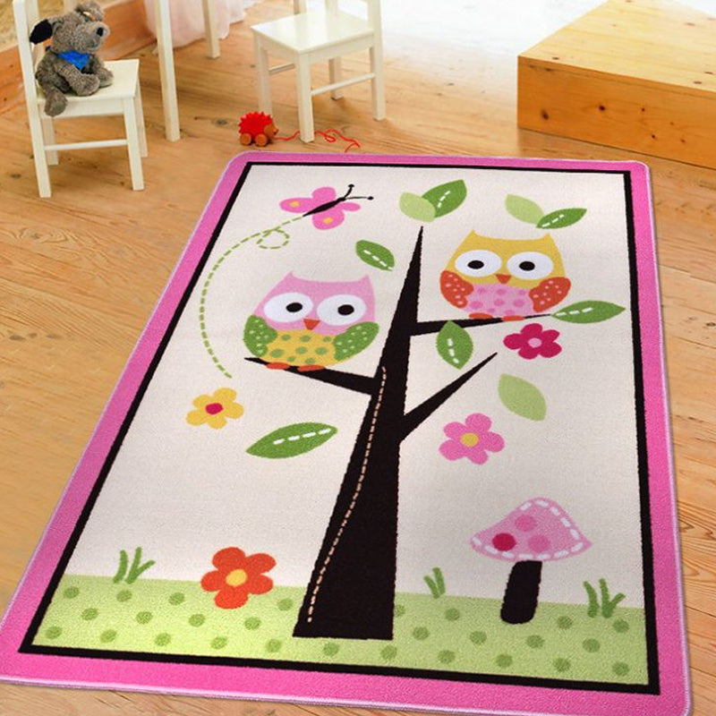 Lisslune | Children Children's Room Rug in Pink and Green Animal Owl Flower Tree Print Rug Polyester Stain Resistant Area Rug