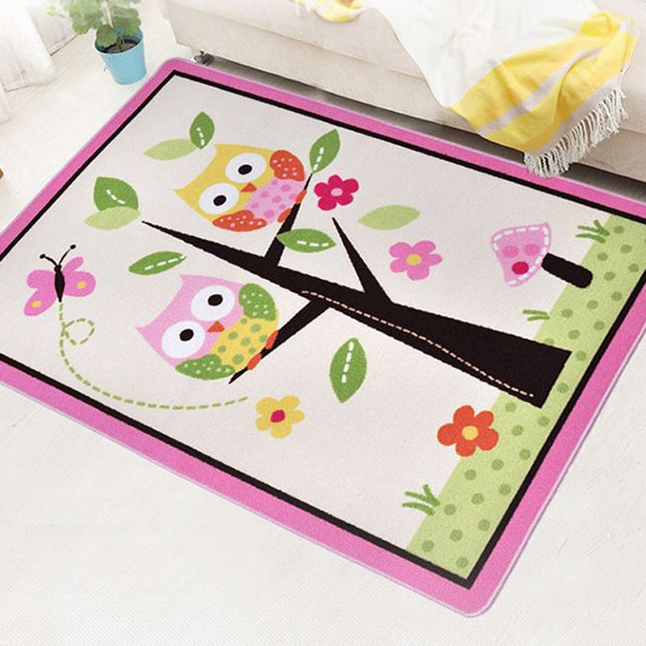 Lisslune | Children Children's Room Rug in Pink and Green Animal Owl Flower Tree Print Rug Polyester Stain Resistant Area Rug