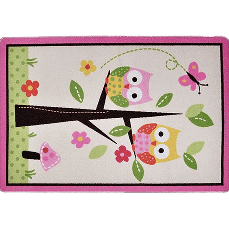 Lisslune | Children Children's Room Rug in Pink and Green Animal Owl Flower Tree Print Rug Polyester Stain Resistant Area Rug