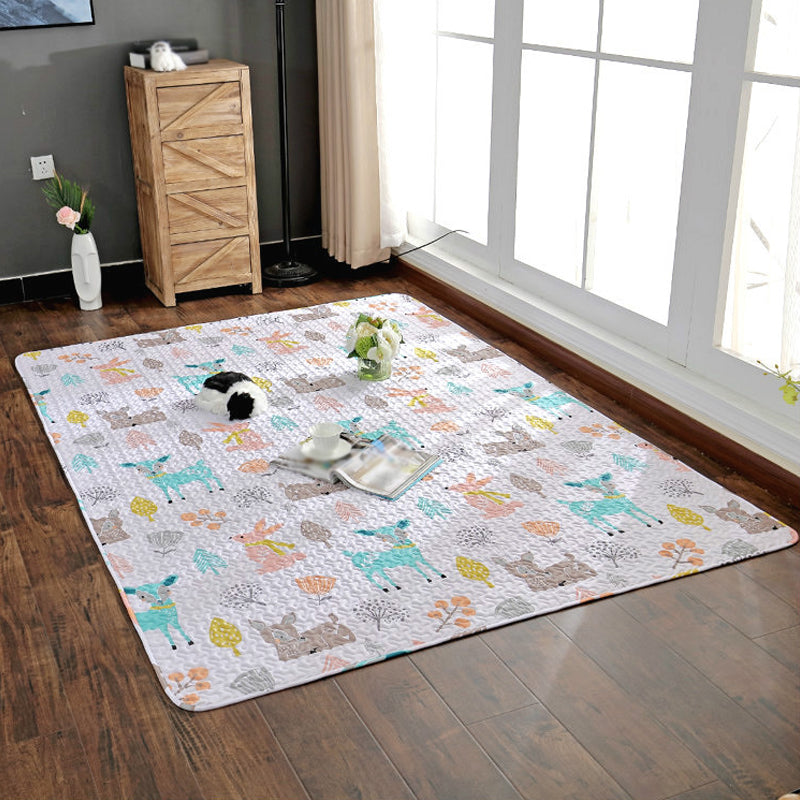 Lisslune | Pink and Yellow Children's Room Carpet Children Animal Deer Cat Rabbit Pattern Rug Cotton Washable Carpet