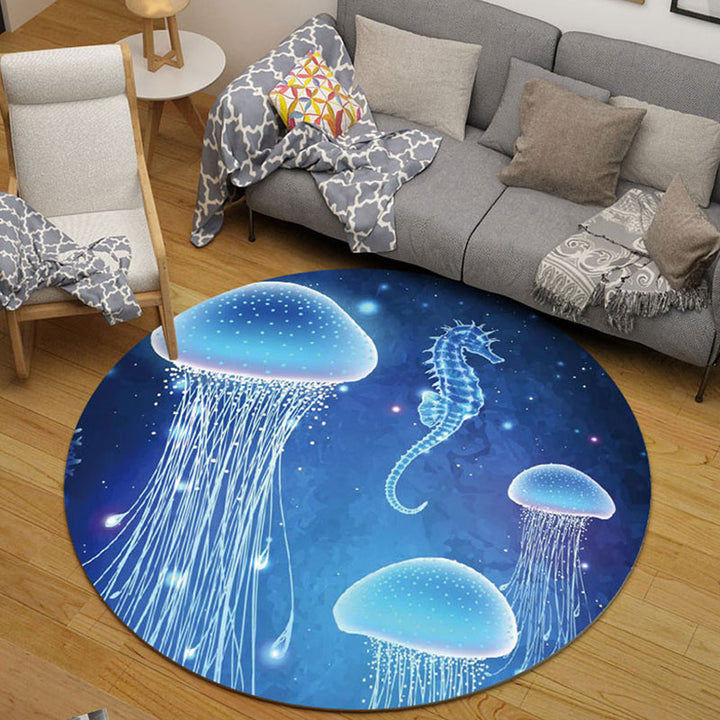 Lisslune | Children's room rug in black and blue animal pig rabbit jellyfish print rug polyester stain-resistant rug