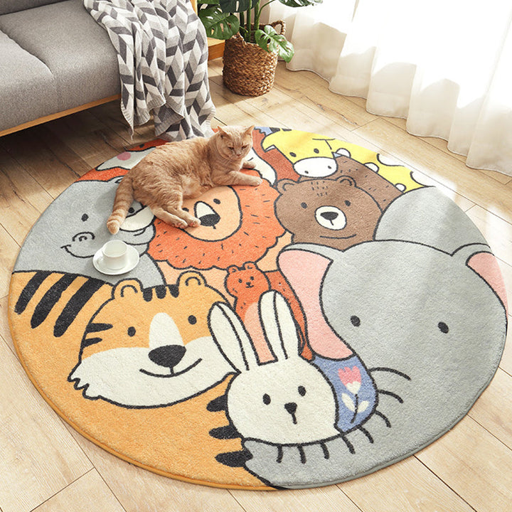 Lisslune | Stylish children's rug in green and brown with animal cat, leopard, and rabbit pattern, washable wool rug for the children's room