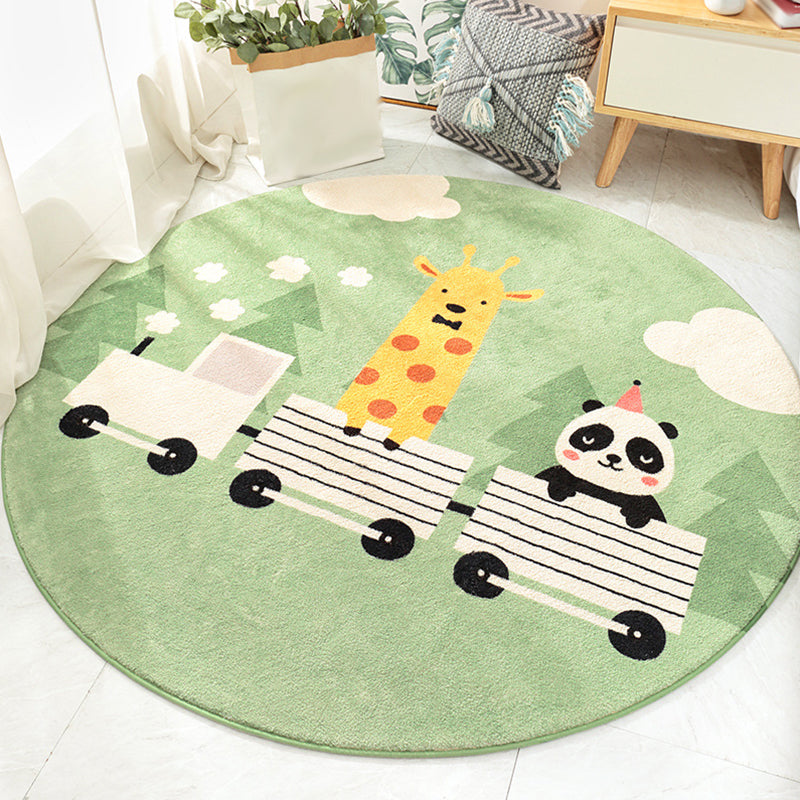 Lisslune | Stylish children's rug in green and brown with animal cat, leopard, and rabbit pattern, washable wool rug for the children's room
