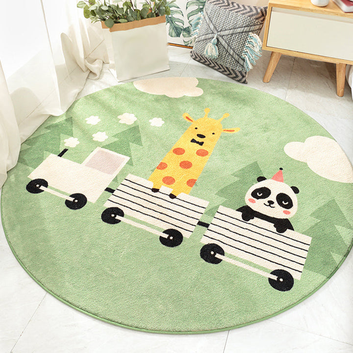 Lisslune | Stylish children's rug in green and brown with animal cat, leopard, and rabbit pattern, washable wool rug for the children's room