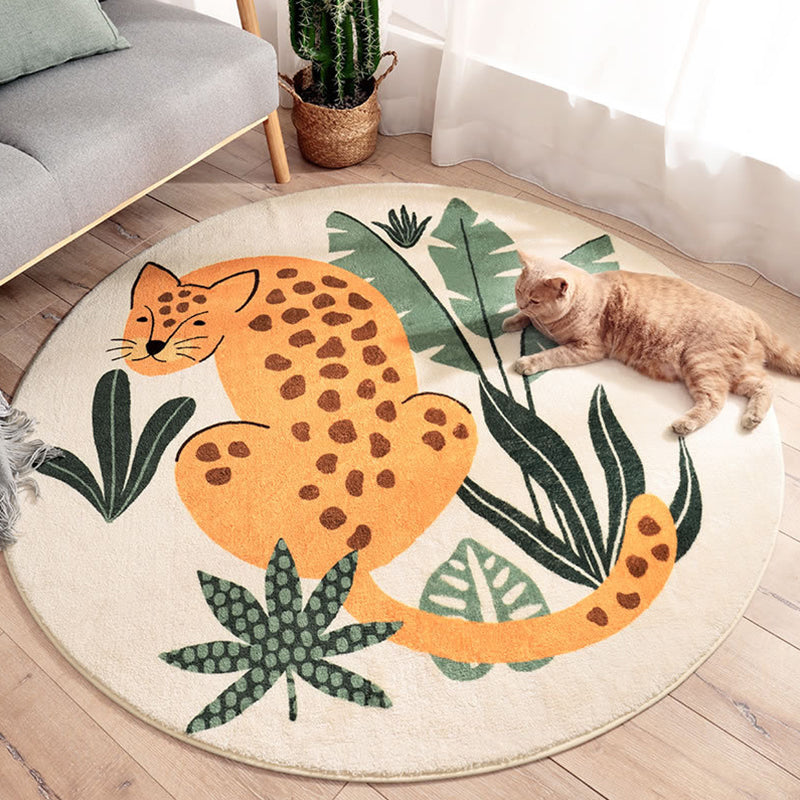 Lisslune | Stylish children's rug in green and brown with animal cat, leopard, and rabbit pattern, washable wool rug for the children's room