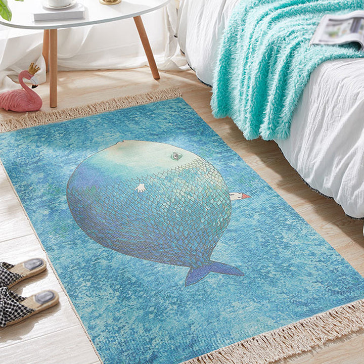 Lisslune | Blue Children's Room Carpet Children's Animal Fish Pattern Carpet made of Cotton and Linen Washable Carpet with Fringes
