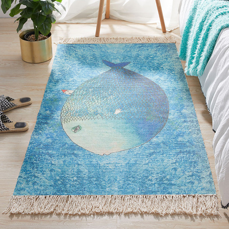 Lisslune | Blue Children's Room Carpet Children's Animal Fish Pattern Carpet made of Cotton and Linen Washable Carpet with Fringes
