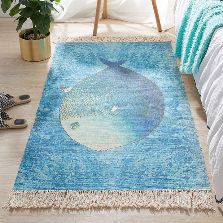 Lisslune | Blue Children's Room Carpet Children's Animal Fish Pattern Carpet made of Cotton and Linen Washable Carpet with Fringes