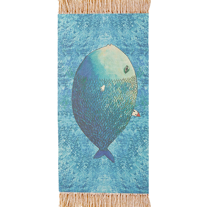 Lisslune | Blue Children's Room Carpet Children's Animal Fish Pattern Carpet made of Cotton and Linen Washable Carpet with Fringes