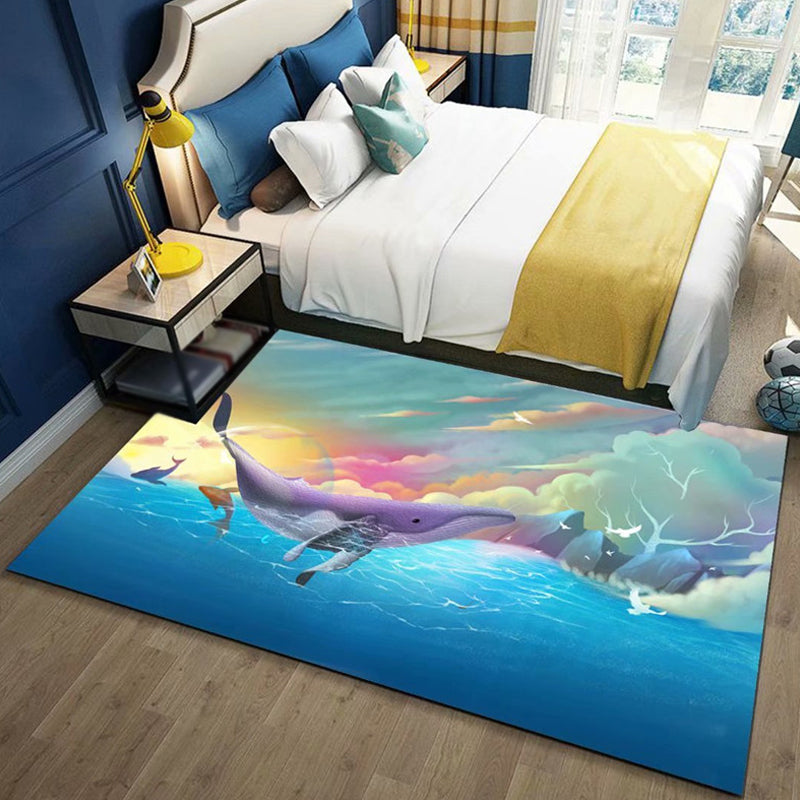 Lisslune | Black and Blue Kids Room Carpet Kids Animal Butterfly Deer Whale Pattern Rug Polyester Machine Washable Carpet