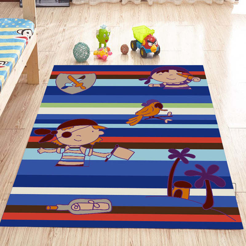Lisslune | Pink and Blue Children's Room Rug Animals Bird Elephant Giraffe Pattern Area Rug Polyester Non-slip Carpet