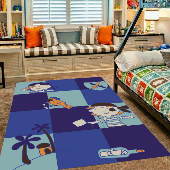 Lisslune | Pink and Blue Children's Room Rug Animals Bird Elephant Giraffe Pattern Area Rug Polyester Non-slip Carpet