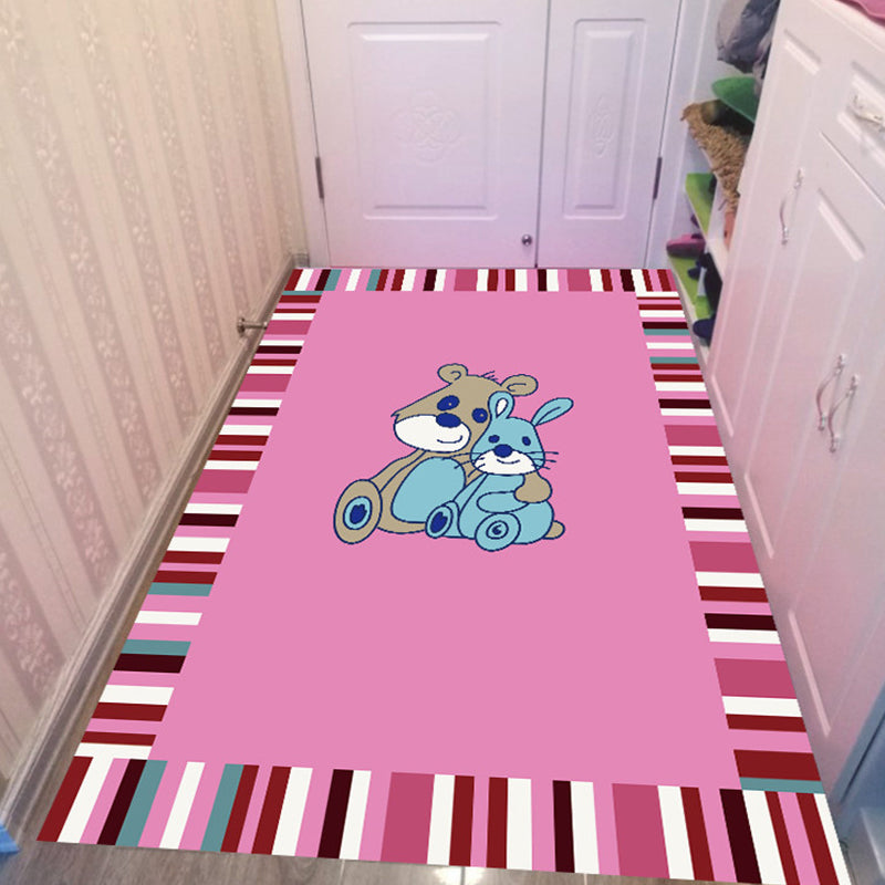 Lisslune | Pink and Blue Children's Room Rug Animals Bird Elephant Giraffe Pattern Area Rug Polyester Non-slip Carpet