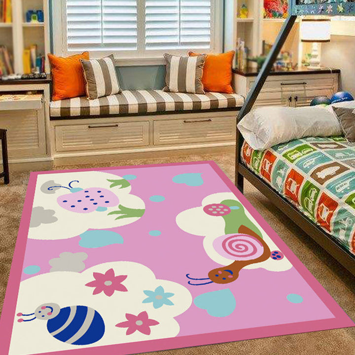 Lisslune | Pink and Blue Children's Room Rug Animals Bird Elephant Giraffe Pattern Area Rug Polyester Non-slip Carpet