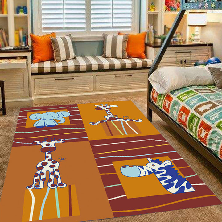 Lisslune | Pink and Blue Children's Room Rug Animals Bird Elephant Giraffe Pattern Area Rug Polyester Non-slip Carpet