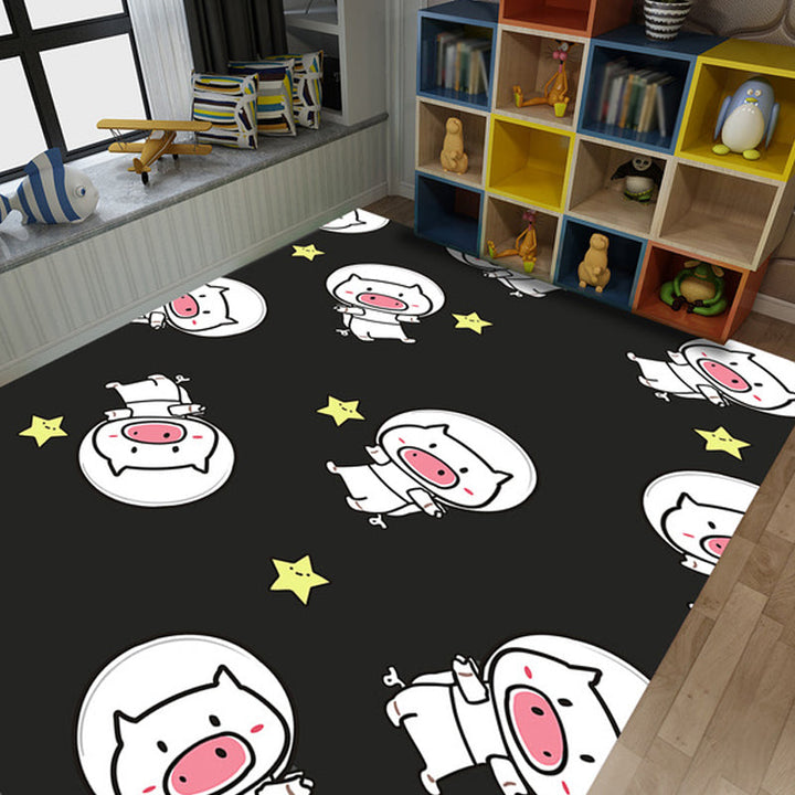 Lisslune | Kids Children's Room Rug in Black and Pink Animals Tiger Elephant Pig Print Rug Polyester Stain-Resistant Area Rug