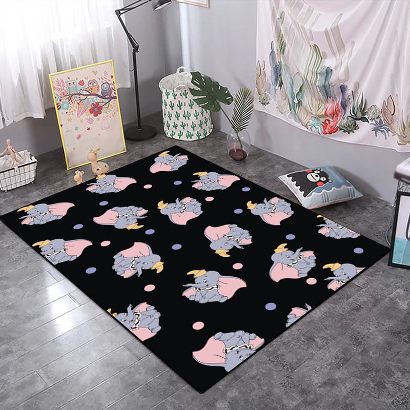 Lisslune | Kids Children's Room Rug in Black and Pink Animals Tiger Elephant Pig Print Rug Polyester Stain-Resistant Area Rug