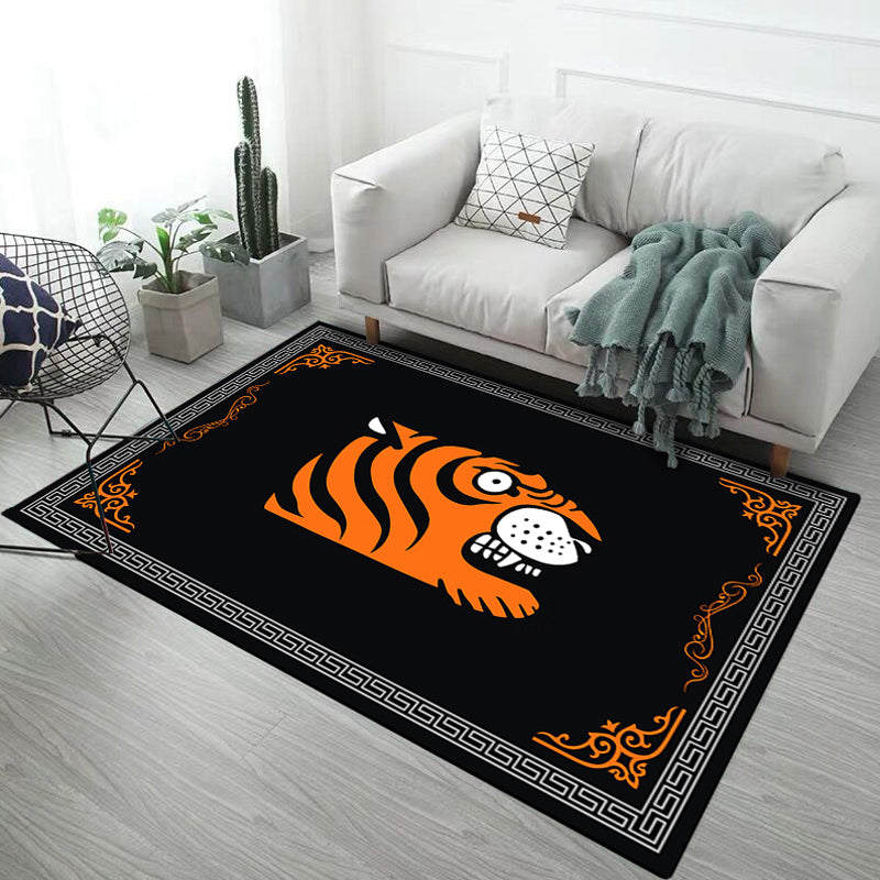 Lisslune | Kids Children's Room Rug in Black and Pink Animals Tiger Elephant Pig Print Rug Polyester Stain-Resistant Area Rug