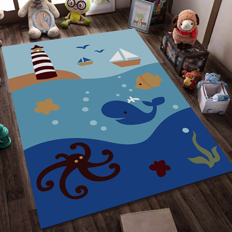 Lisslune | Blue and Black Children's Carpet Fairy Tale Whale Ocean Pencil Pattern Carpet Polyester Washable Carpet