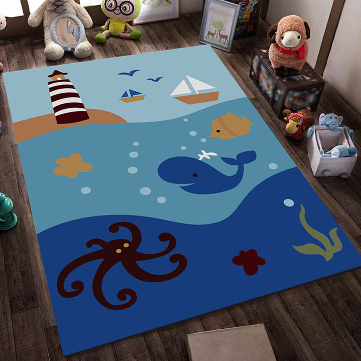 Lisslune | Blue and Black Children's Carpet Fairy Tale Whale Ocean Pencil Pattern Carpet Polyester Washable Carpet