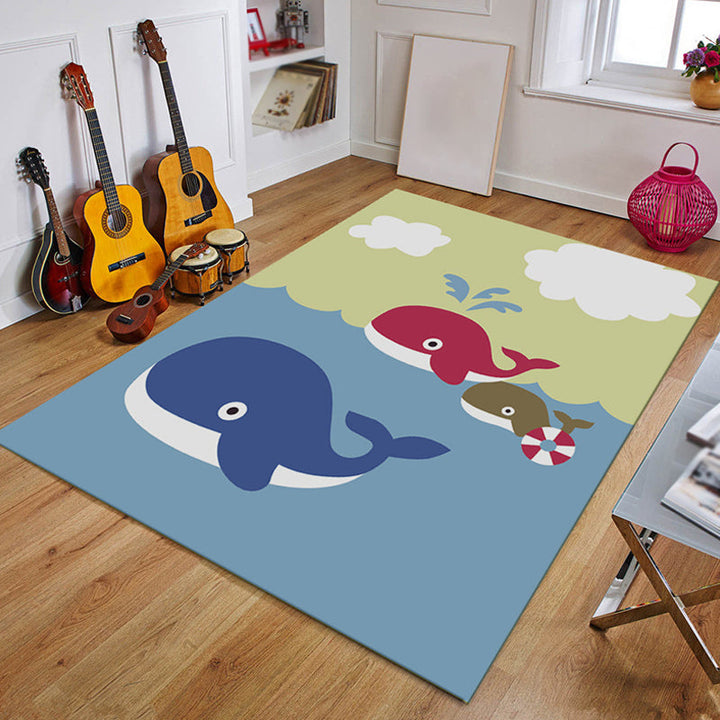 Lisslune | Blue and Black Children's Carpet Fairy Tale Whale Ocean Pencil Pattern Carpet Polyester Washable Carpet