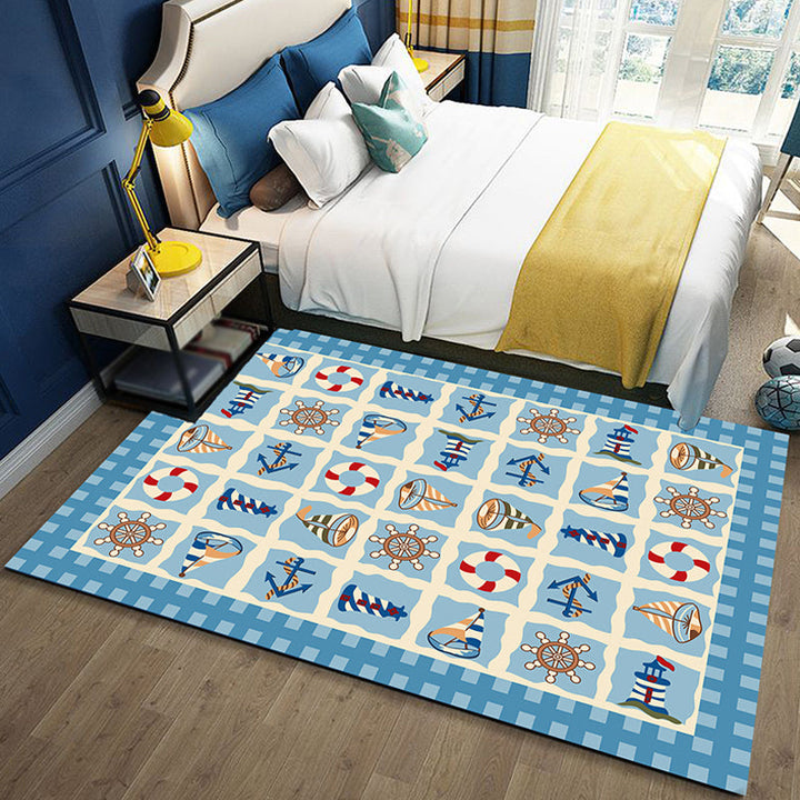 Lisslune | Blue Children's Room Carpet Coastal Anchor Rowing Pattern Carpet Polyester Non-Slip Back Carpet