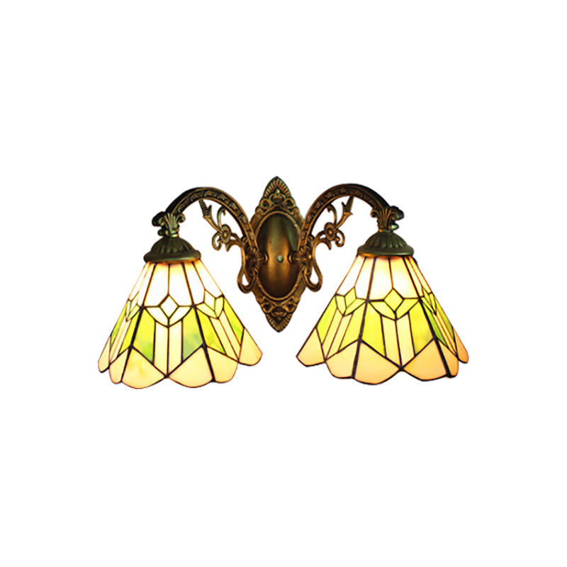 Lisslune | Vintage Cone Wall Spotlight Light with Curved Arm 2 Lights Stained Glass Wall Lamp in Green