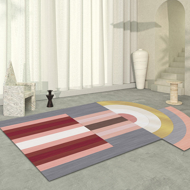 Lisslune | Red and Gray Irregular Carpet Bedroom Novelty Color Block Pattern Area Rug Polyester Non-Slip Backing Rug