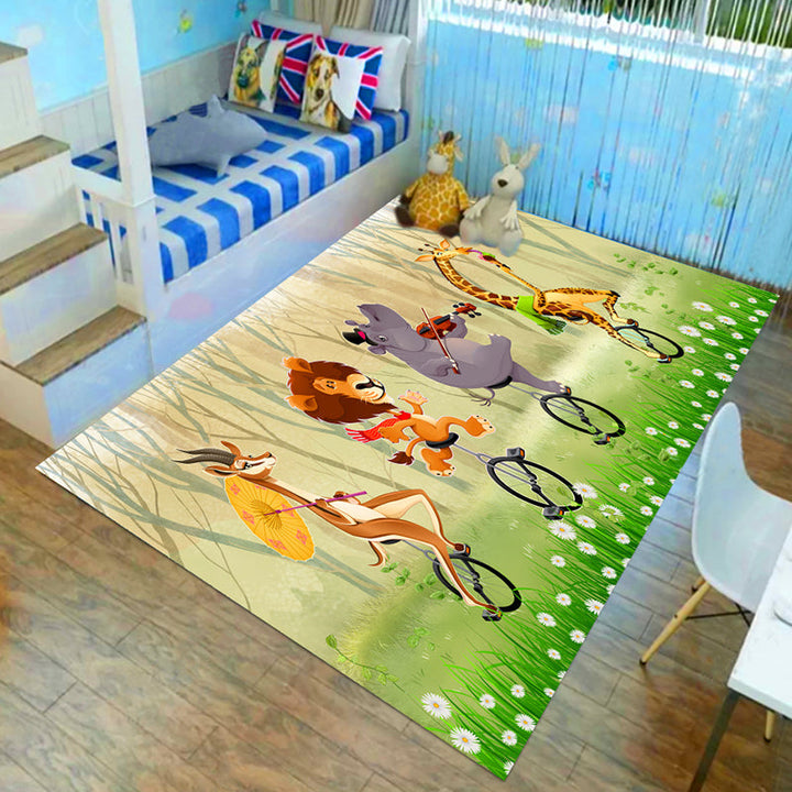 Lisslune | Children’s children's room carpet in brown and green animal lion elephant deer print carpet polyester non-slip carpet