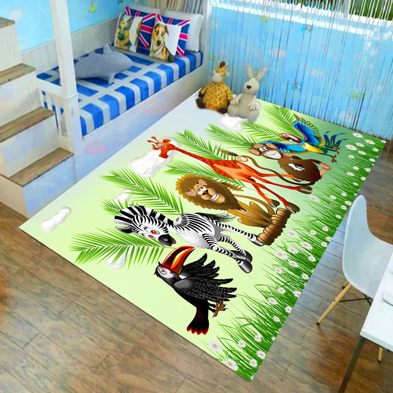Lisslune | Children’s children's room carpet in brown and green animal lion elephant deer print carpet polyester non-slip carpet