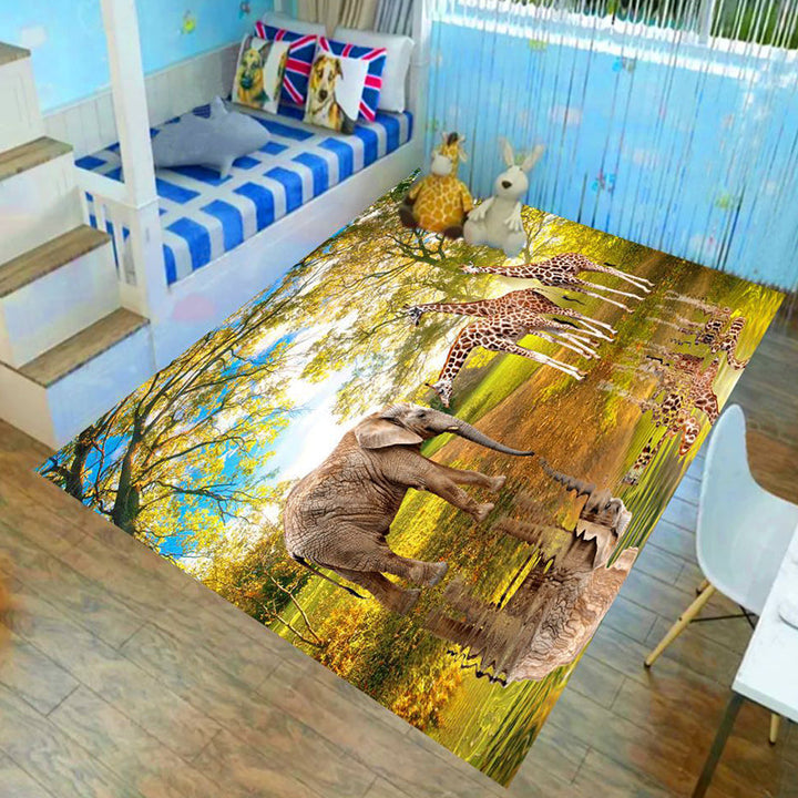 Lisslune | Children’s children's room carpet in brown and green animal lion elephant deer print carpet polyester non-slip carpet