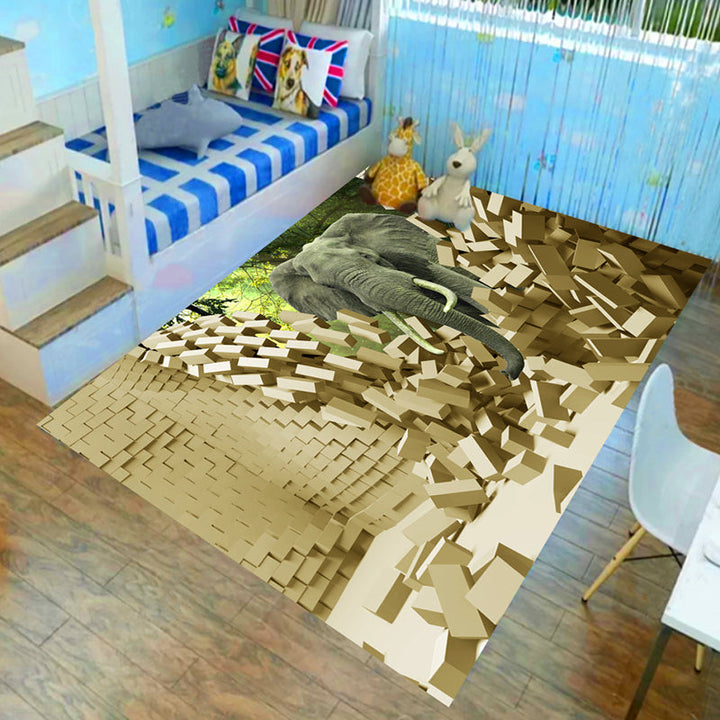 Lisslune | Children’s children's room carpet in brown and green animal lion elephant deer print carpet polyester non-slip carpet
