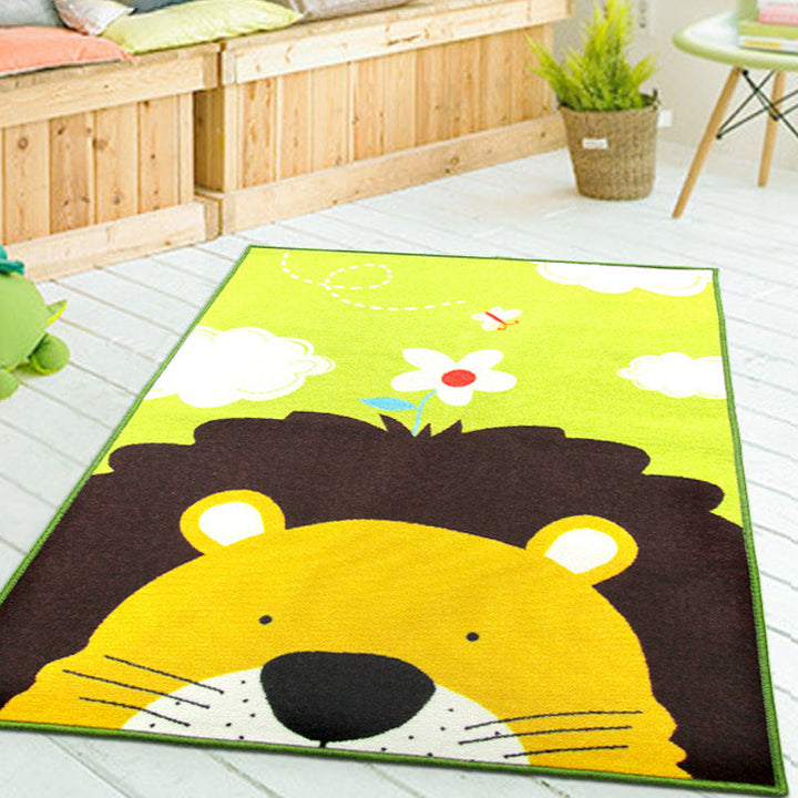 Lisslune | Cute Kids Rug in Green and Blue Animals Lion Panda Penguin Pattern Rug Polyester Non-Slip Carpet for Children's Room
