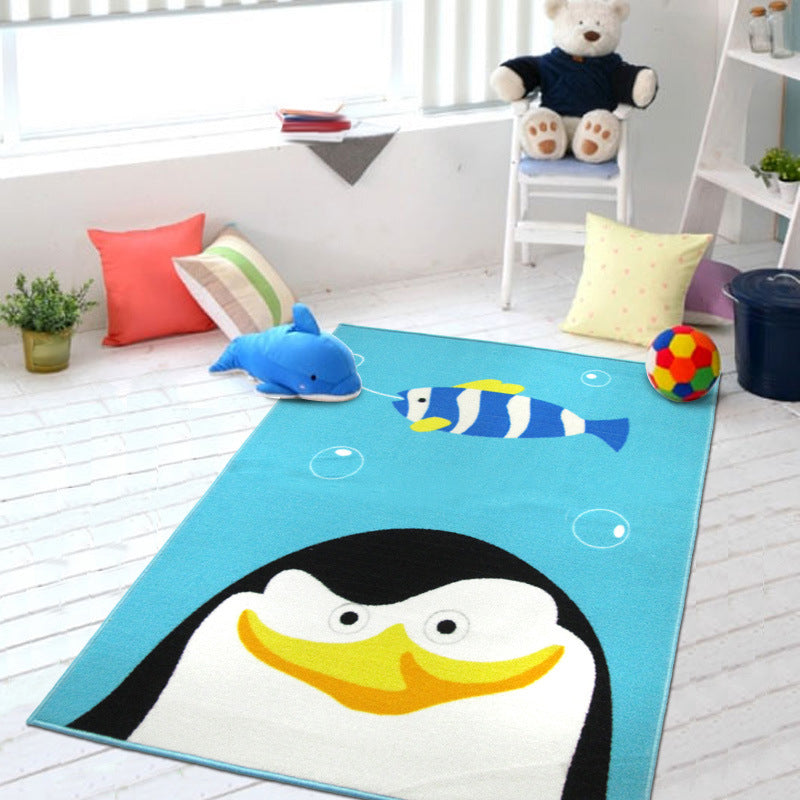 Lisslune | Cute Kids Rug in Green and Blue Animals Lion Panda Penguin Pattern Rug Polyester Non-Slip Carpet for Children's Room