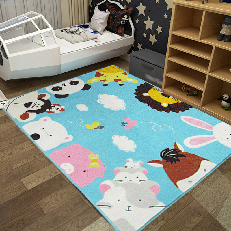 Lisslune | Cute Kids Rug in Green and Blue Animals Lion Panda Penguin Pattern Rug Polyester Non-Slip Carpet for Children's Room
