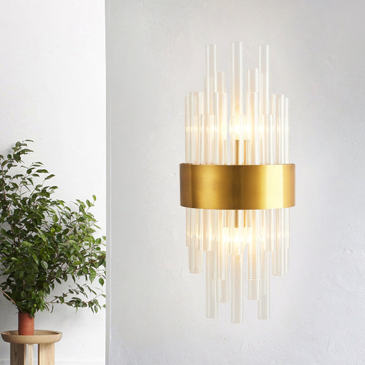 Lisslune | Gold Finish Half Shade Wall Lamp Modern 2 Heads Crystal Tube Wall Lighting Ideas for Hallway