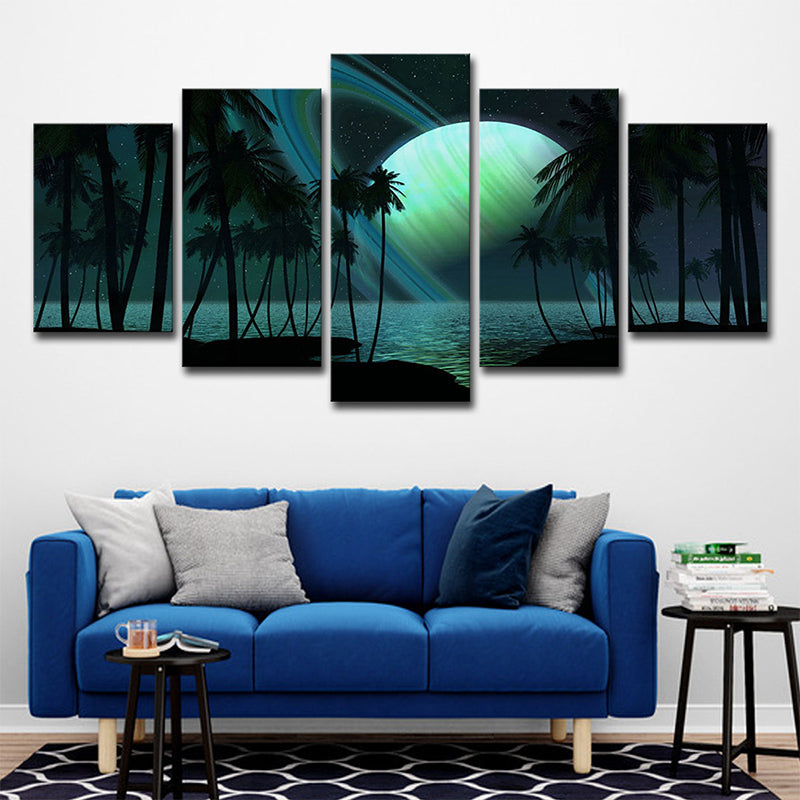 Lisslune | Tropics Night Zeeland Landscape Canvas Green Ring Planet Wall Art Print for Family Room