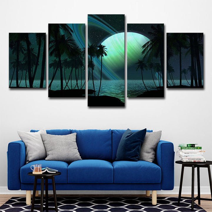 Lisslune | Tropics Night Zeeland Landscape Canvas Green Ring Planet Wall Art Print for Family Room