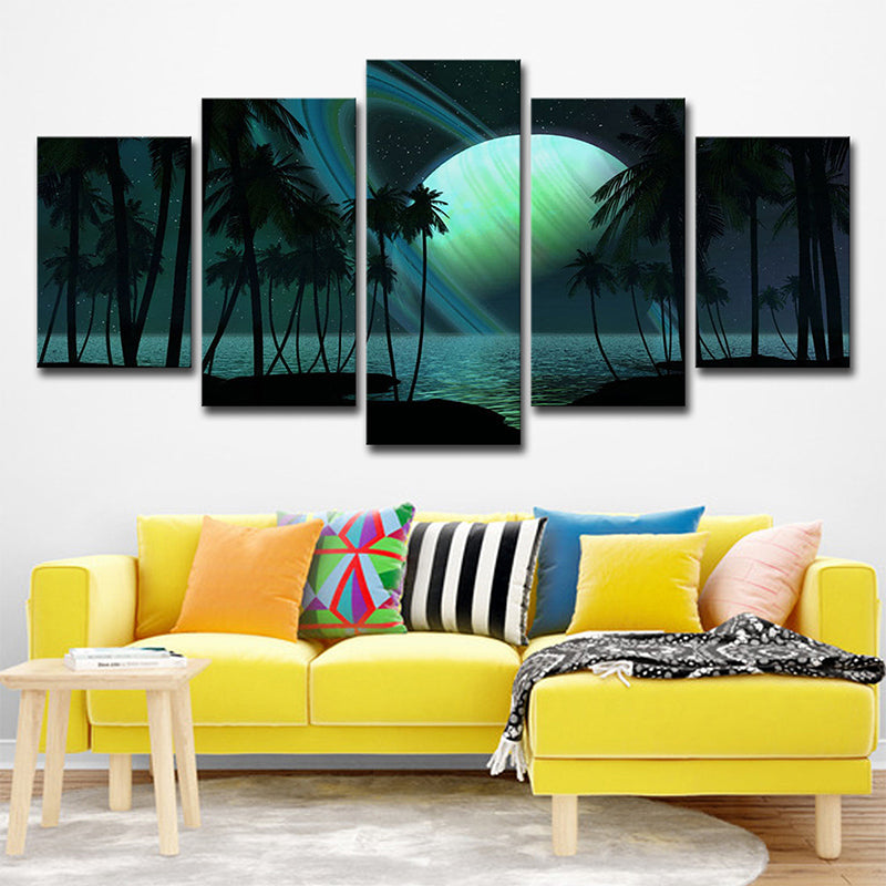 Lisslune | Tropics Night Zeeland Landscape Canvas Green Ring Planet Wall Art Print for Family Room