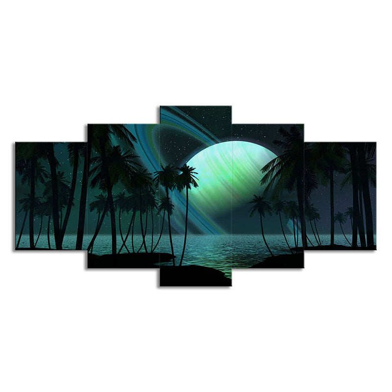 Lisslune | Tropics Night Zeeland Landscape Canvas Green Ring Planet Wall Art Print for Family Room