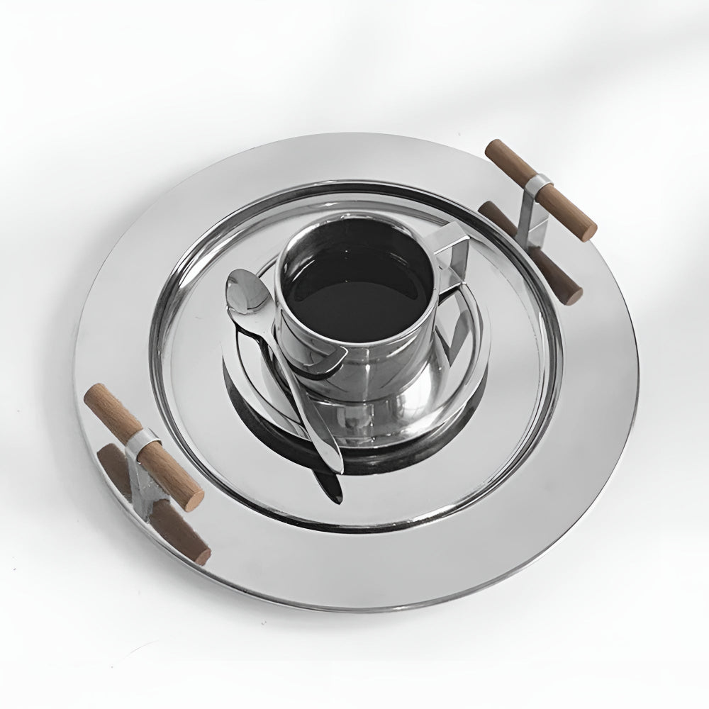 Lisslune | Elegant Stainless Steel Round Tray with Wooden Handles