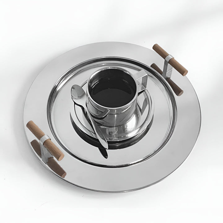 Lisslune | Elegant Stainless Steel Round Tray with Wooden Handles