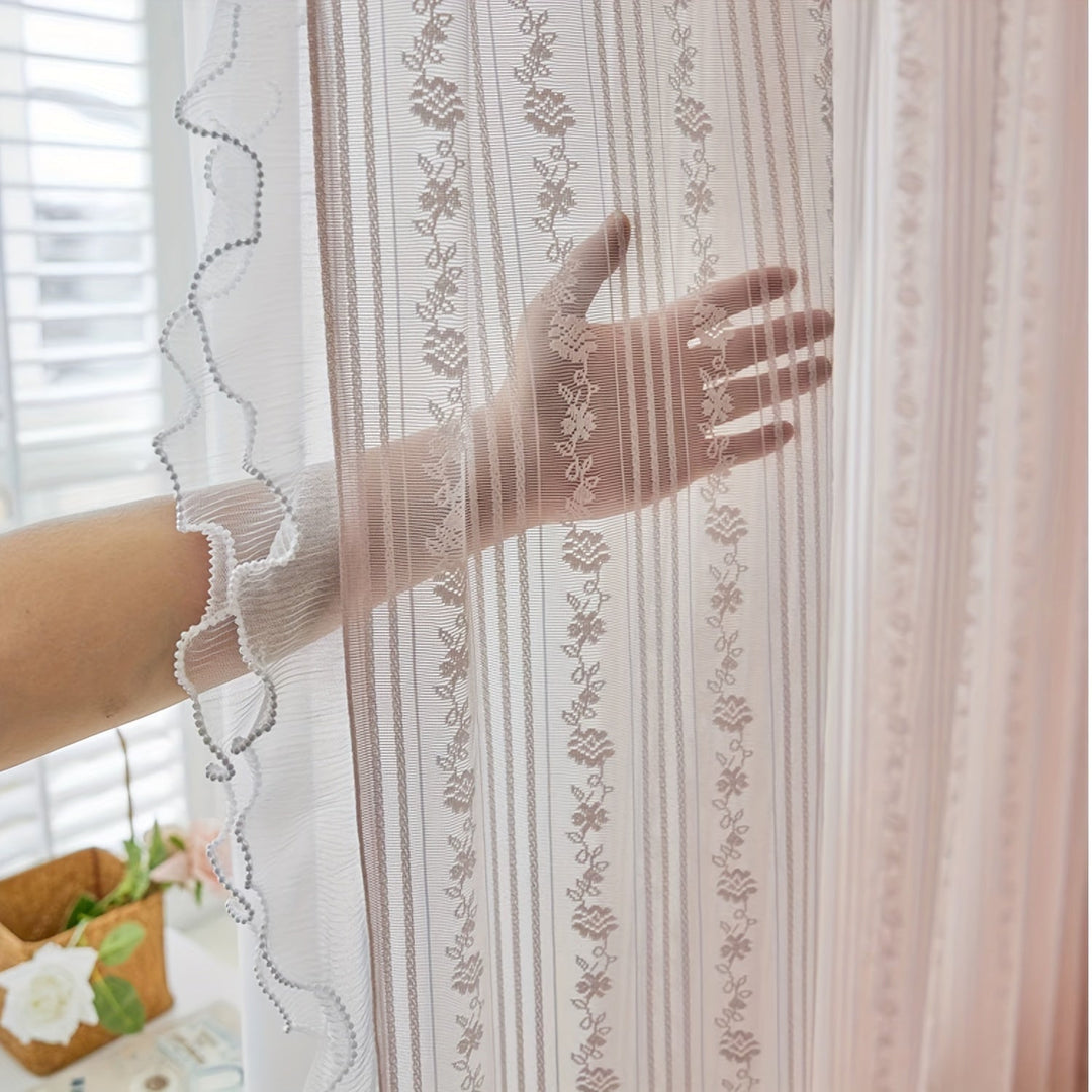 Rynx | 2pcs Pink Lace Ruffle Curtains] 2pcs Aifish Pink Lace Tulle Ruffle Curtains - Double Layer Beaded Voile with Curtain Rod Pocket, Romantic Window Decoration for Bedroom & Living Room, Polyester Fabric, Curtains for Bedroom