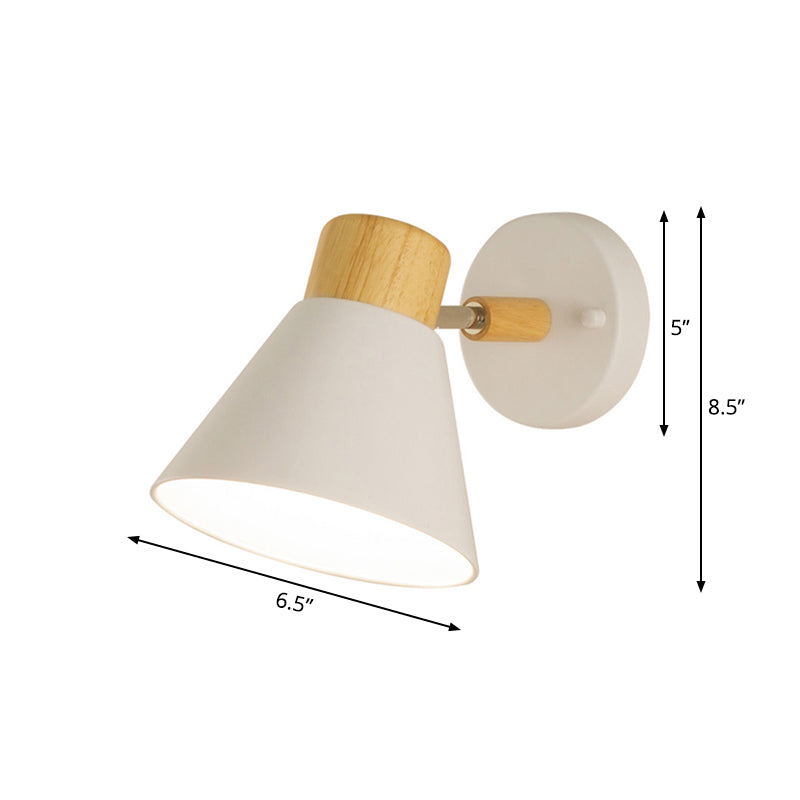 Skørter | Nordic Stylish Cone Shade Wall Mounted Light Metal and Wood 1 Bulb Nightstand Rotatable Wall Sconces in Black/White